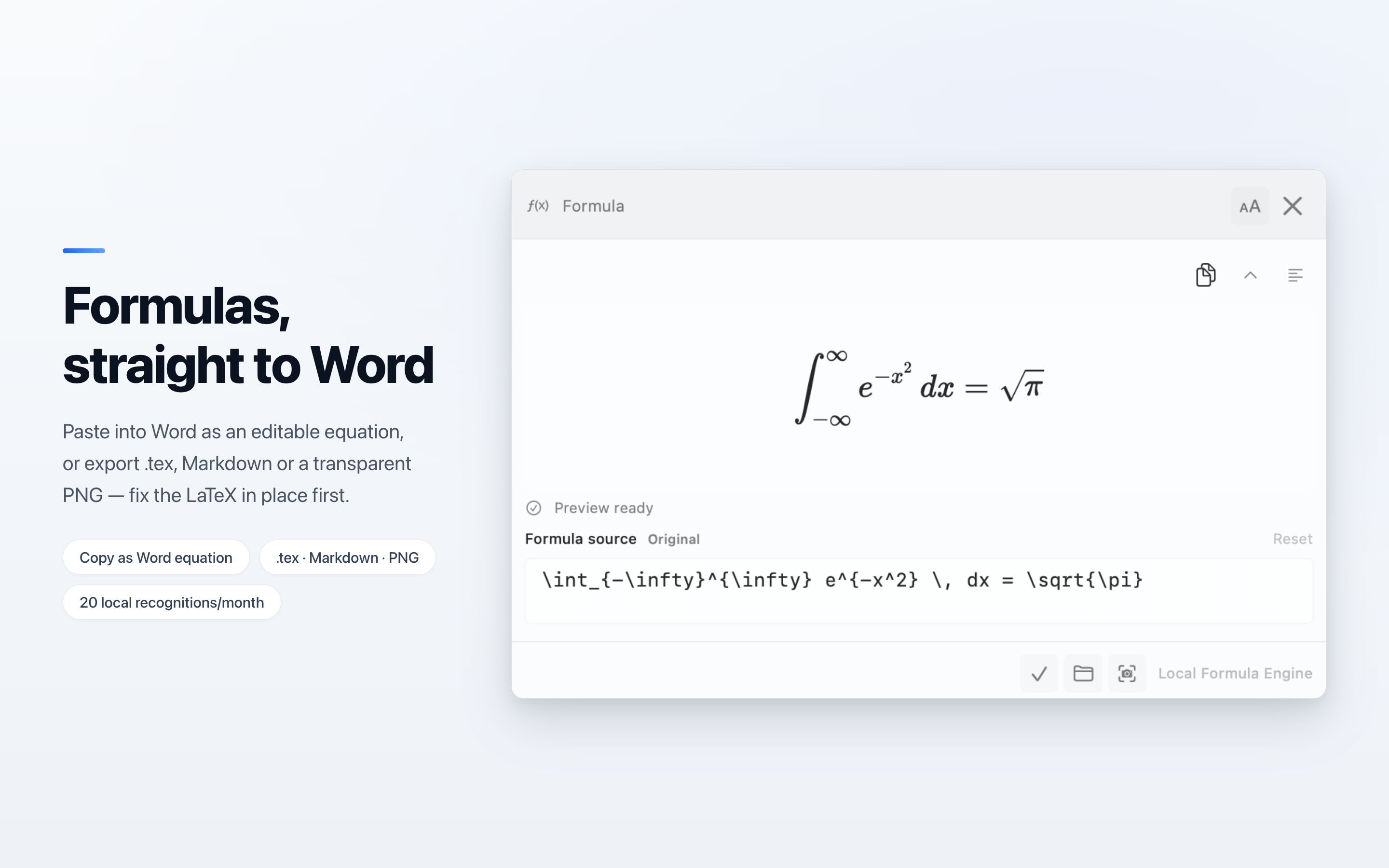ClariRec formula result with KaTeX preview and editable LaTeX source, ready to copy as a Word equation or export as PNG