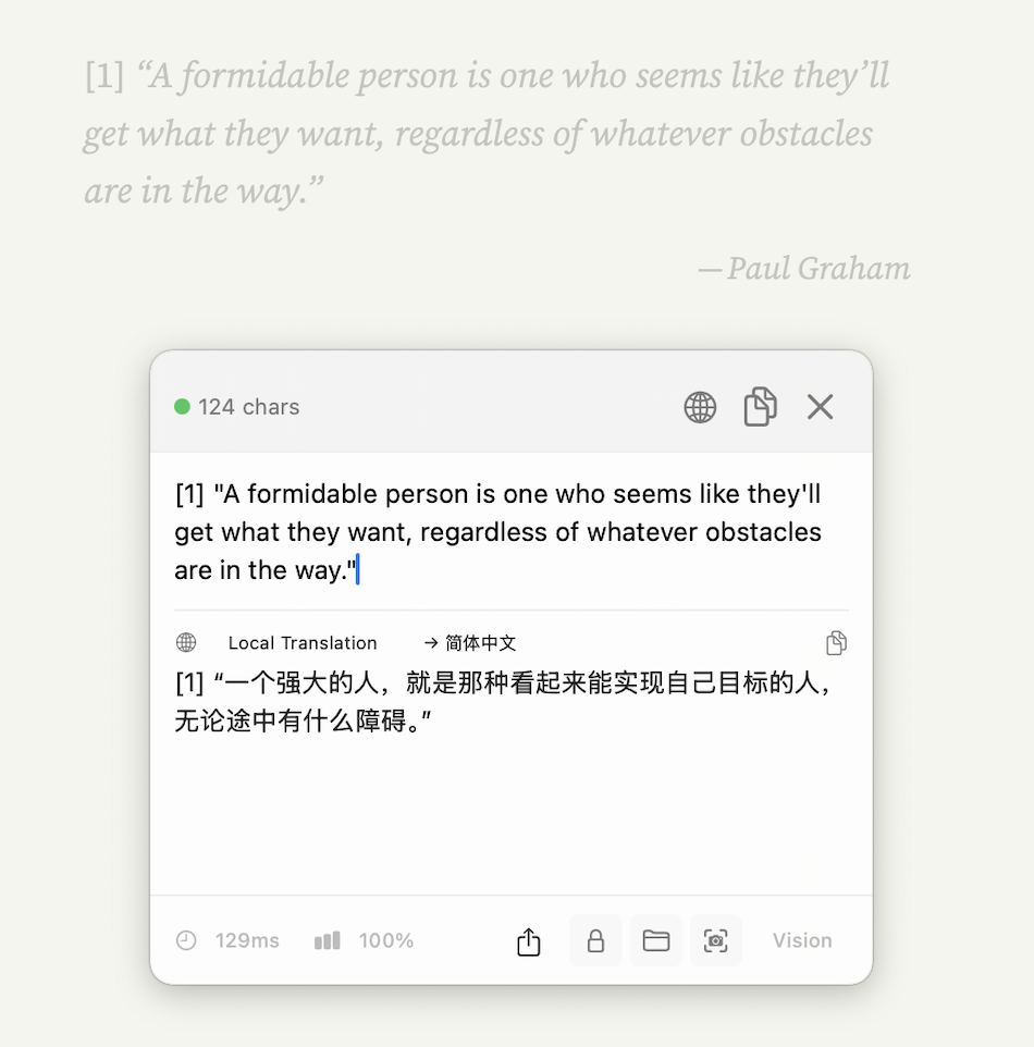 ClariRec result window labeled Local Translation to Simplified Chinese, showing English OCR text and the Chinese translation with no cloud provider selected