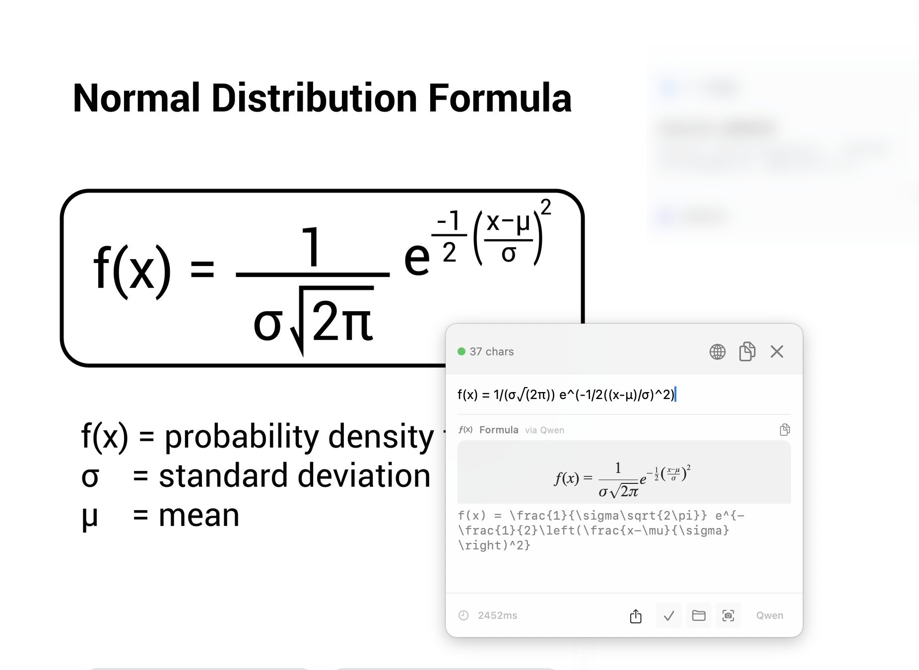 ClariRec recognizing a Normal Distribution Formula and outputting LaTeX
