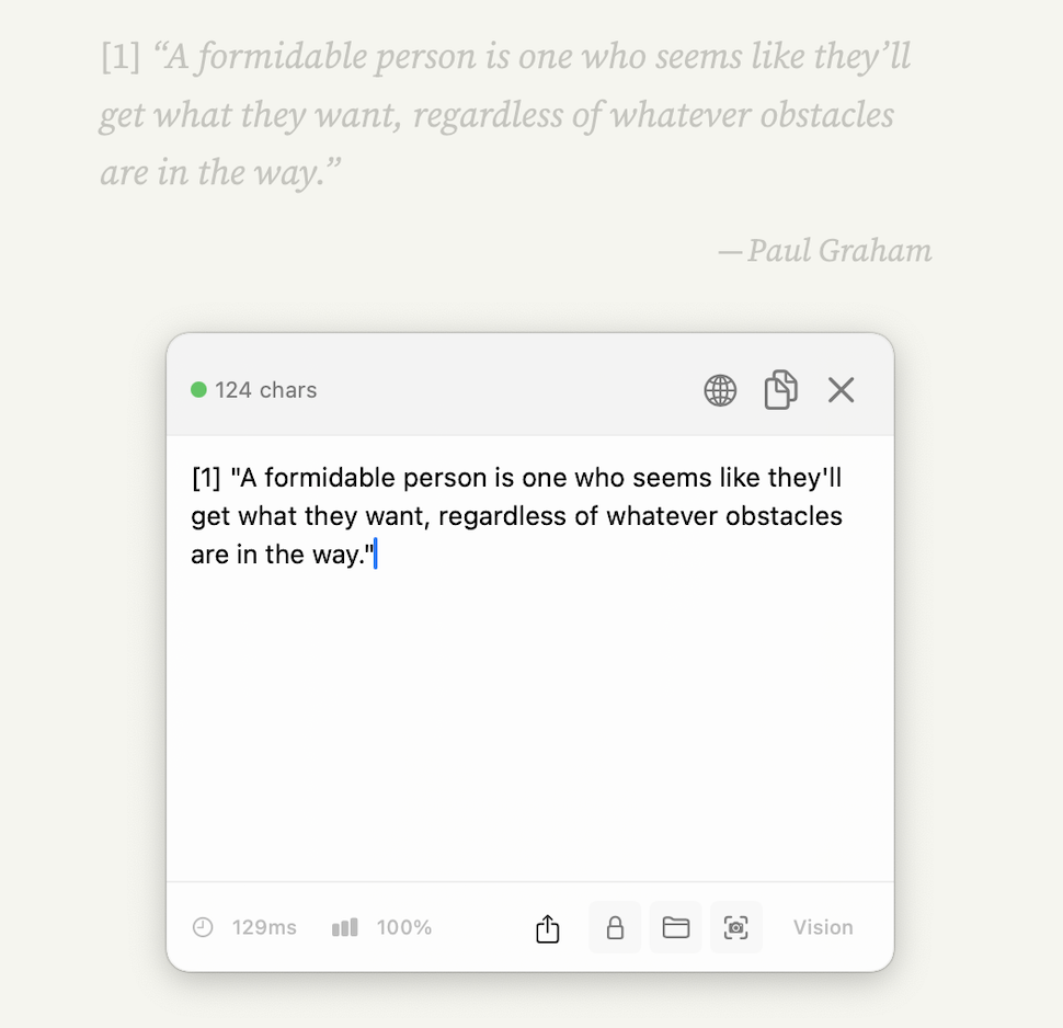 ClariRec Popup after screenshot OCR: editable text from a webpage quote, 124 characters recognized in 129ms with the Vision engine at 100% confidence
